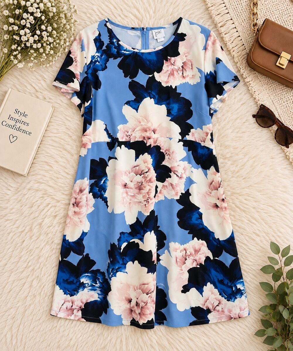 JMS Just My Size Women’s Plus Floral Midi Dress Blue Pink Short Sleeve